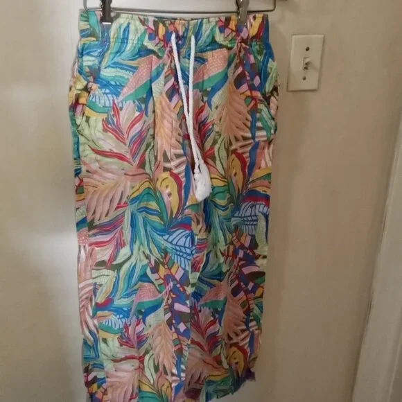 C&C California Linen Pants Sz S Tropical Floral Wide Leg Pull On orange blue - Picture 4 of 4